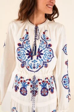 Farm Rio Off-White Navy Embroidered Midi Dress -Farm Rio Fashion Store 298412 03