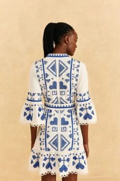 Farm Rio Blue And White Cross Stitch Mini Dress -Farm Rio Fashion Store 302324 04