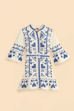 Farm Rio Blue And White Cross Stitch Mini Dress -Farm Rio Fashion Store 302324 06