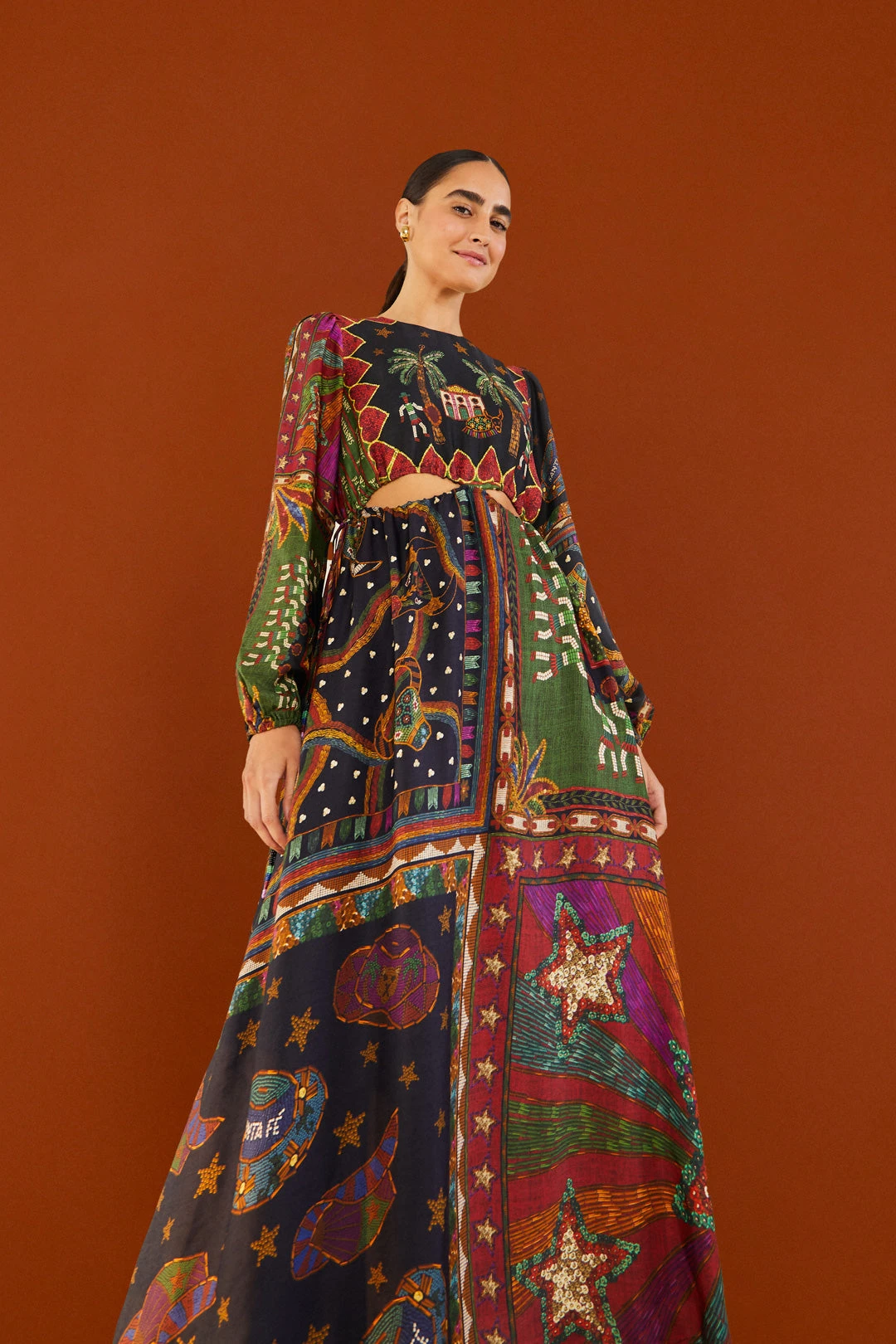 Farm Rio Shiny Mixed Scarves Cut Out Midi Dress 3 Farm Rio Shiny Mixed Scarves Cut Out Midi Dress