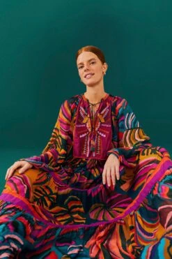 Farm Rio Graphic Foliage Embroidered Maxi Dress