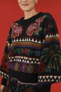 Farm Rio Black Flower Tapestry Embroidered Sweater -Farm Rio Fashion Store 304175 03
