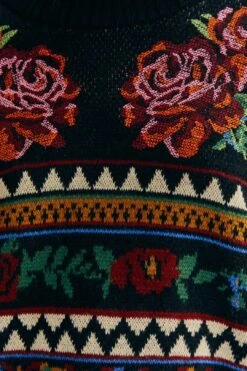 Farm Rio Black Flower Tapestry Embroidered Sweater -Farm Rio Fashion Store 304175 05