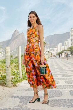 Farm Rio Lilac Mango Macaws Midi Dress