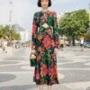 Farm Rio Black Blooming Garden Lenzing™ Ecovero™ Viscose Midi Dress -Farm Rio Fashion Store 306067 01