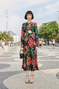 Farm Rio Black Blooming Garden Lenzing™ Ecovero™ Viscose Midi Dress