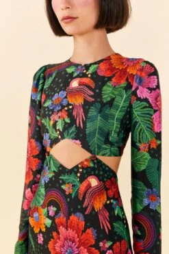 Farm Rio Black Blooming Garden Lenzing™ Ecovero™ Viscose Midi Dress -Farm Rio Fashion Store 306067 03 1