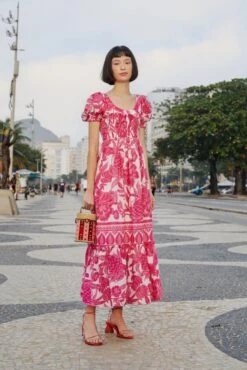 Farm Rio Pink Tropical Woodcut Maxi Dress