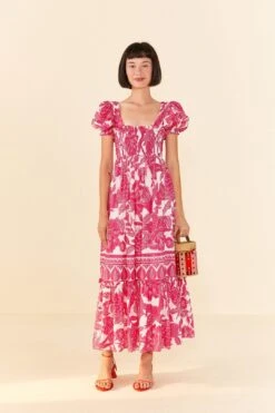 Farm Rio Pink Tropical Woodcut Maxi Dress -Farm Rio Fashion Store 306082 03