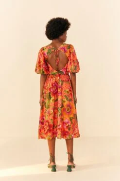Farm Rio Orange Blooming Garden Midi Dress -Farm Rio Fashion Store 306092 04