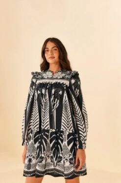 Farm Rio Black Macaw Elegance Long Sleeve Mini Dress