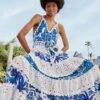 Farm Rio Mixed White And Blue Prints Maxi Dress -Farm Rio Fashion Store 306205 01