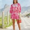 Farm Rio Pink Tropical Woodcut Mini Dress -Farm Rio Fashion Store 306220 01
