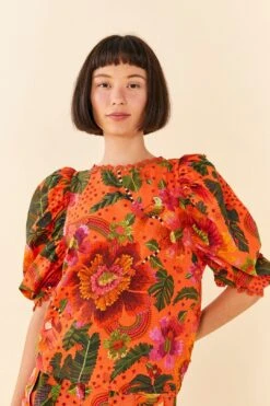 Farm Rio Orange Blooming Garden Blouse