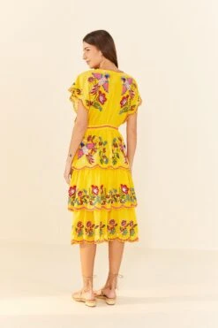 Farm Rio Yellow Embroidered Richelieu Midi Dress -Farm Rio Fashion Store 306329 03