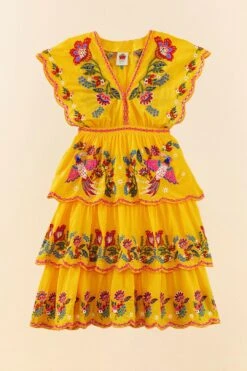 Farm Rio Yellow Embroidered Richelieu Midi Dress -Farm Rio Fashion Store 306329 05