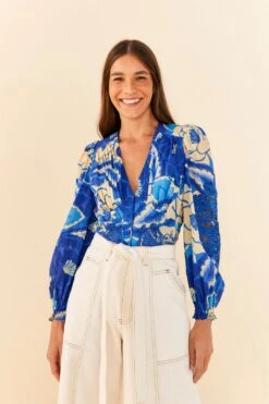 Farm Rio Blue Tropical Groove Blouse