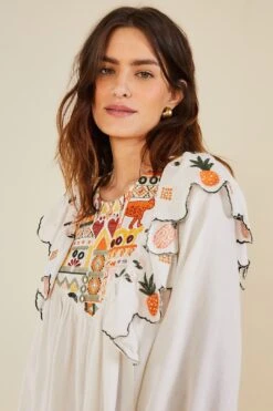 Farm Rio White Embroidered Fall Leaf Blouse -Farm Rio Fashion Store 309103 03
