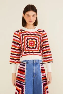Farm Rio Multicolor Crochet Sweater