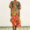 Farm Rio Coral Mixed Graphic Macaws Puff Sleeve Midi Dress 2 Farm Rio Coral Mixed Graphic Macaws Puff Sleeve Midi Dress -Farm Rio Fashion Store 309162 01
