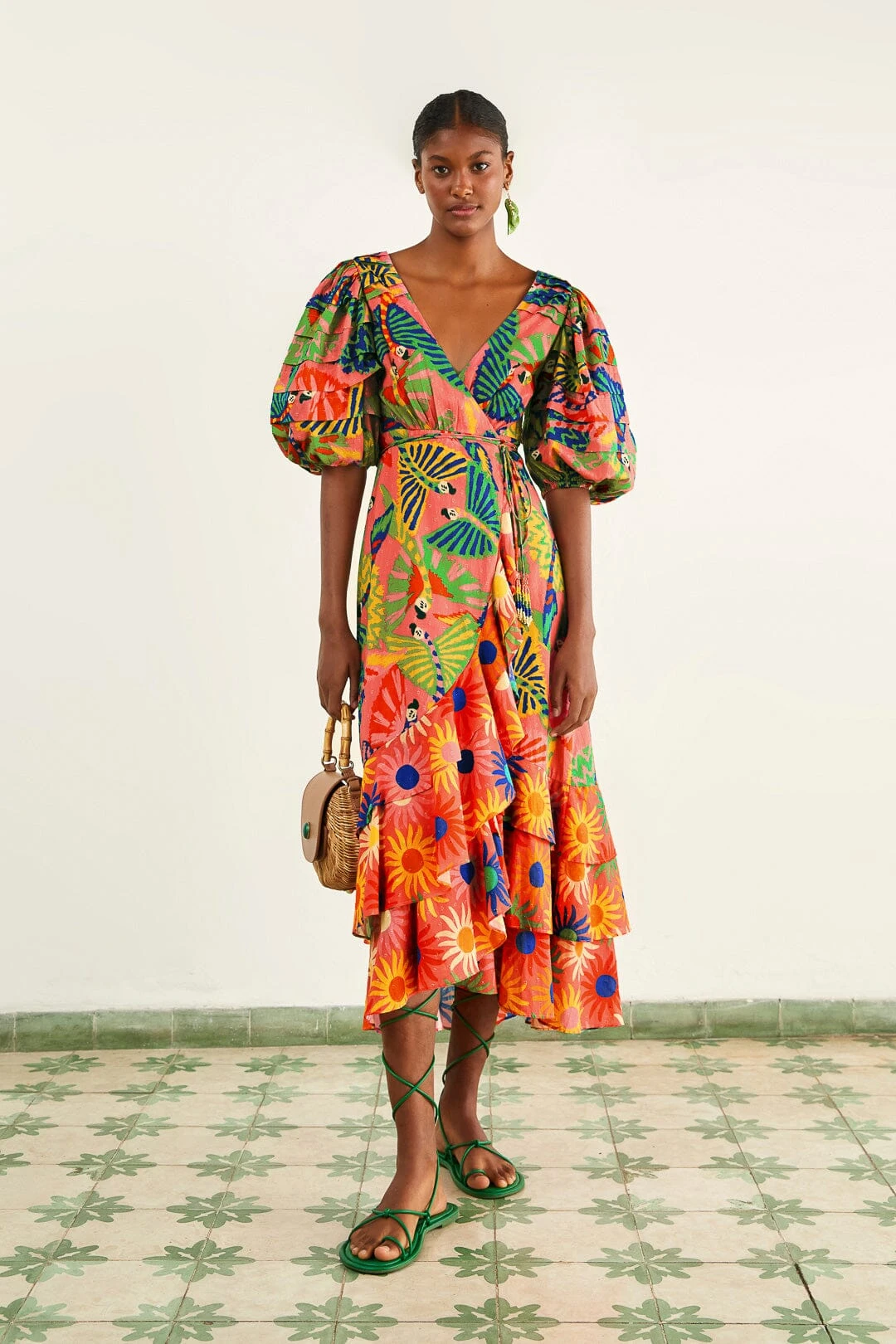 Farm Rio Coral Mixed Graphic Macaws Puff Sleeve Midi Dress 3 Farm Rio Coral Mixed Graphic Macaws Puff Sleeve Midi Dress