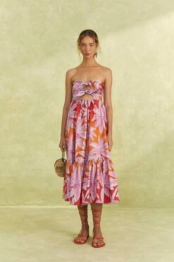 Farm Rio Red Coconut Tree Organic Cotton Midi Dress