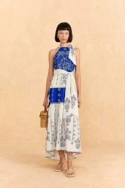 Farm Rio Navy Blue Embroidered Jungle Scarf Maxi Dress