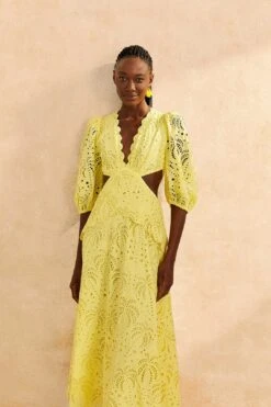 Farm Rio Light Yellow Richelieu Midi Dress