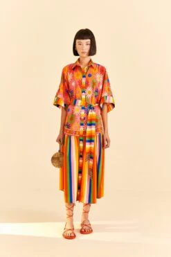 Farm Rio Coral Mixed Graphic Macaws Midi Dress
