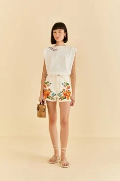Farm Rio Embroidered Floral Twill Shorts