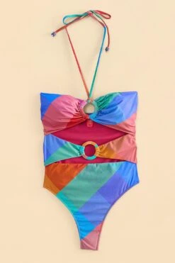 Farm Rio Blue Painted Birds Plaid Halter Neck One-Piece Swimsuit -Farm Rio Fashion Store 310545 05