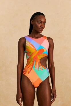 Farm Rio Blue Painted Birds Plaid One-Piece Swimsuit