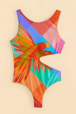 Farm Rio Blue Painted Birds Plaid One-Piece Swimsuit -Farm Rio Fashion Store 310550 05