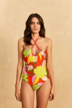 Farm Rio Red Neon Floral One-Piece Swimsuit