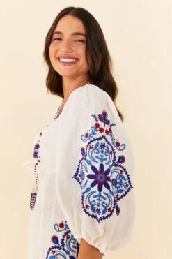 Farm Rio Off-White Navy Embroidery Mini Dress -Farm Rio Fashion Store 311390 03