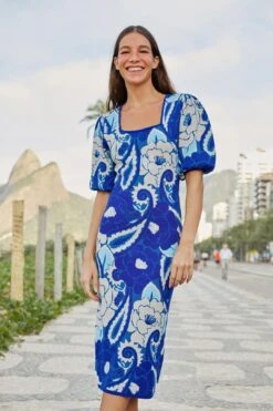 Farm Rio Blue Tropical Groove Knit Midi Dress