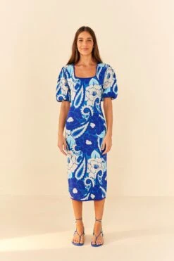 Farm Rio Blue Tropical Groove Knit Midi Dress -Farm Rio Fashion Store 311574 04