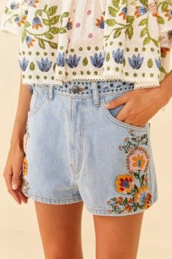 Farm Rio Summer Garden Embroidered Denim Shorts -Farm Rio Fashion Store 311873 03