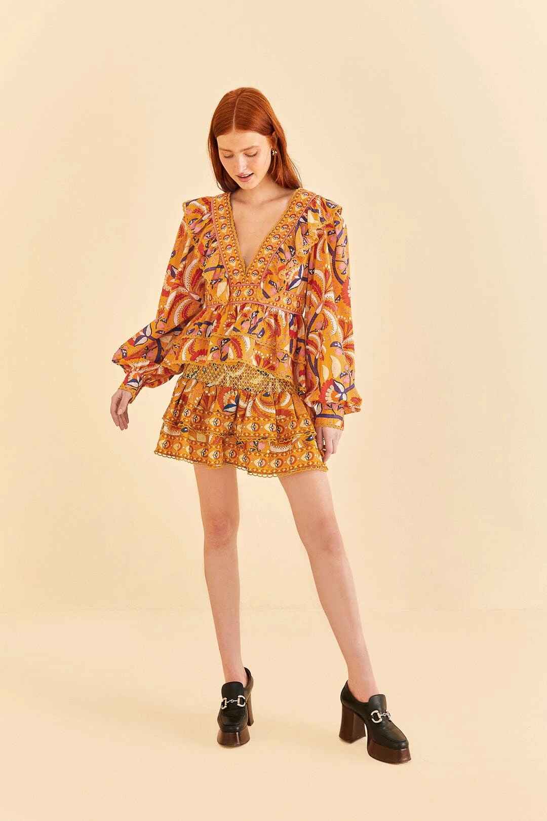 Farm Rio Yellow Palms Party Ruffle Blouse 3 Farm Rio Yellow Palms Party Ruffle Blouse - Image 2