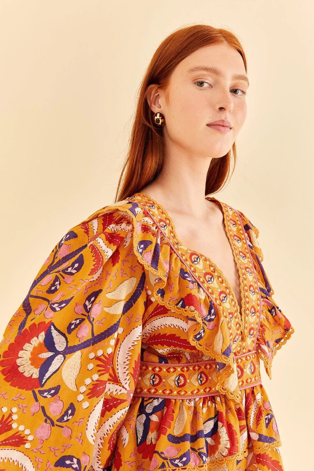 Farm Rio Yellow Palms Party Ruffle Blouse 4 Farm Rio Yellow Palms Party Ruffle Blouse - Image 3