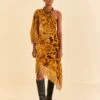 Farm Rio Golden Yellow Velvet One Shoulder Fringe Dress -Farm Rio Fashion Store 312168 01