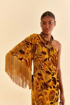 Farm Rio Golden Yellow Velvet One Shoulder Fringe Dress -Farm Rio Fashion Store 312168 03