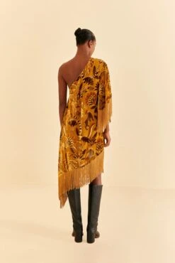 Farm Rio Golden Yellow Velvet One Shoulder Fringe Dress -Farm Rio Fashion Store 312168 04