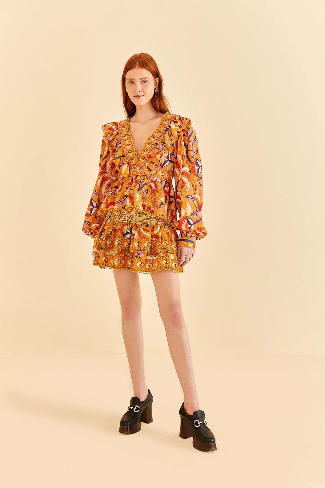 Farm Rio Yellow Palms Party Smocked Mini Skirt 3 Farm Rio Yellow Palms Party Smocked Mini Skirt