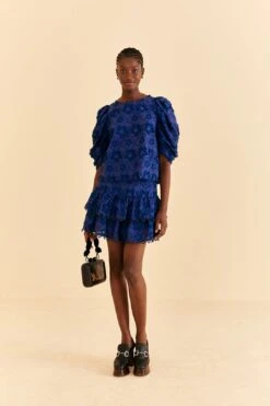 Farm Rio Navy Blue 3d Star Texture Mini Skirt