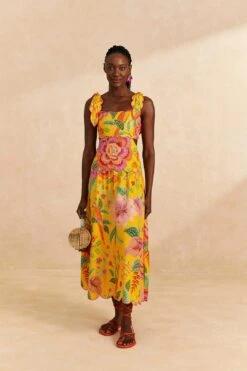 Farm Rio Yellow Macaw Bloom Midi Dress