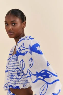 Farm Rio Off-White Pitta Waves Smocked Blouse -Farm Rio Fashion Store 314085 03