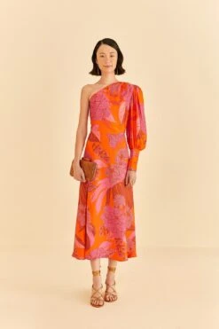 Farm Rio Red Dewdrop Floral One Shoulder Midi Dress