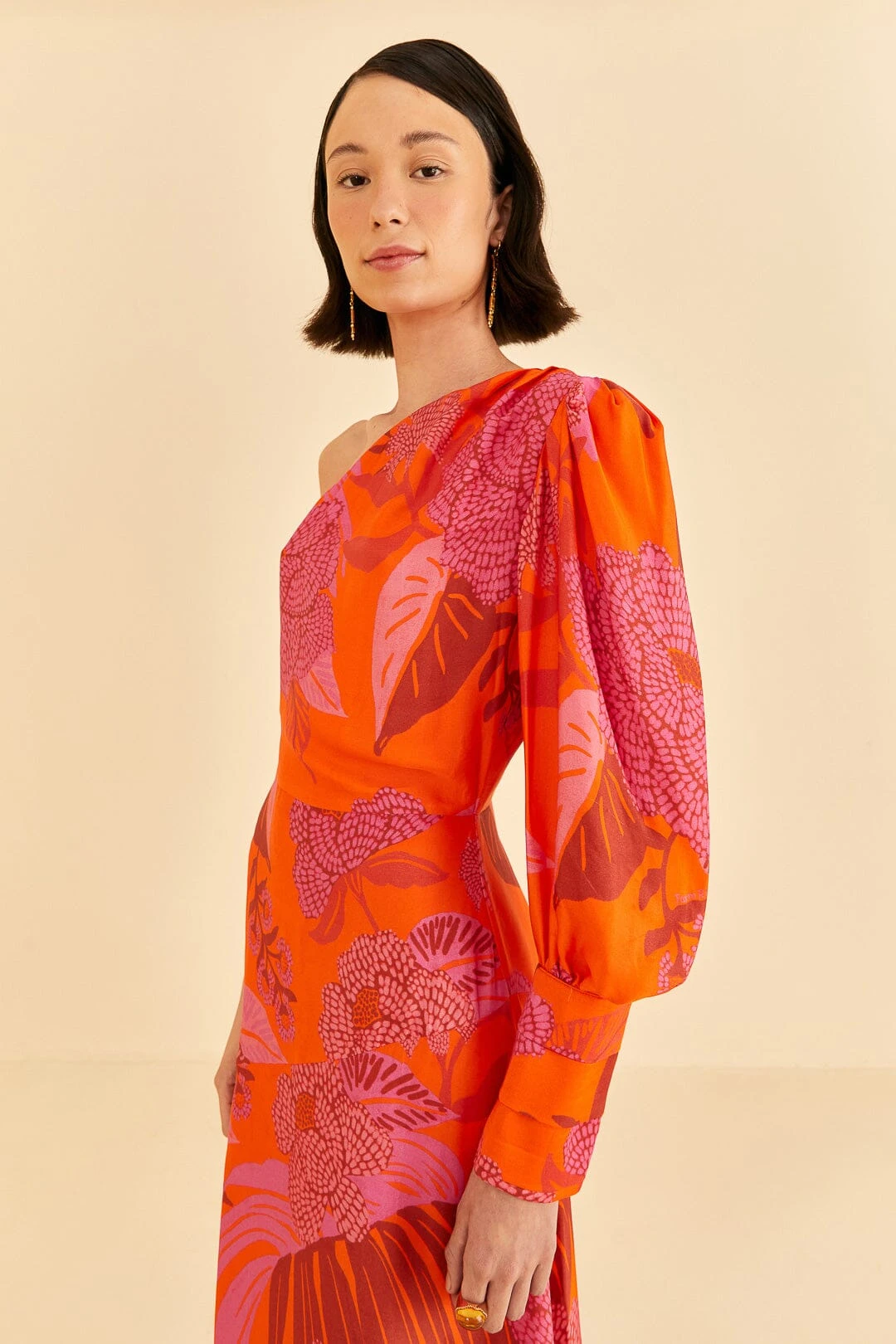 Farm Rio Red Dewdrop Floral One Shoulder Midi Dress 5 Farm Rio Red Dewdrop Floral One Shoulder Midi Dress - Image 3