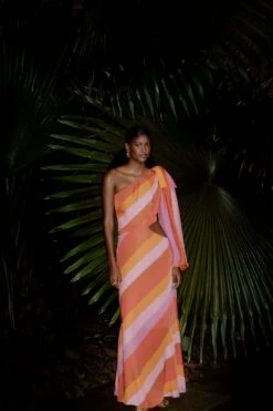 Farm Rio Party Stripes Multicolor One Shoulder Maxi Dress -Farm Rio Fashion Store 314757 01